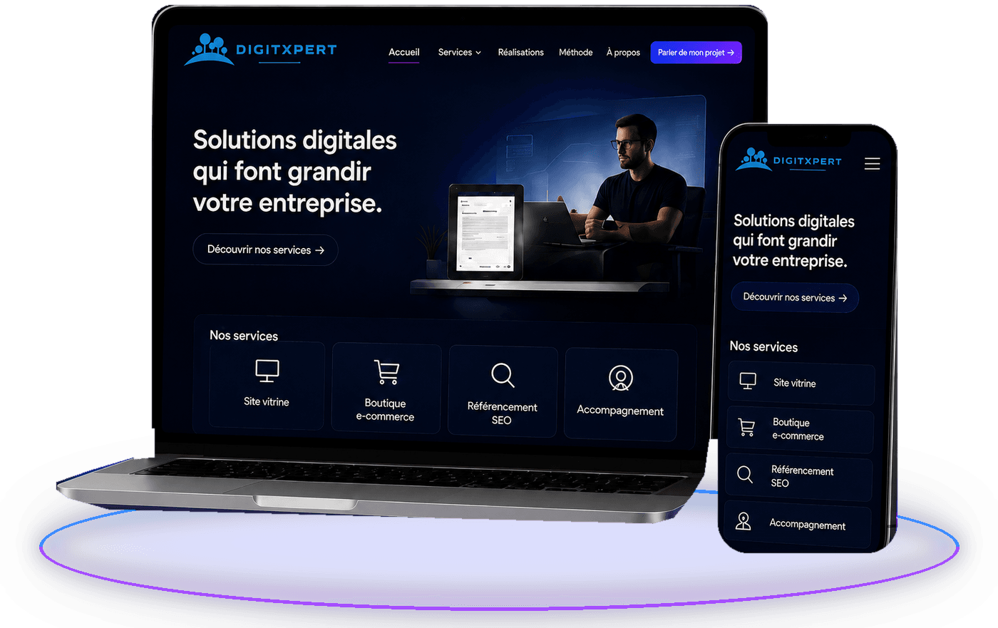Présentation des solutions web et SEO Digitxpert sur ordinateur et mobile