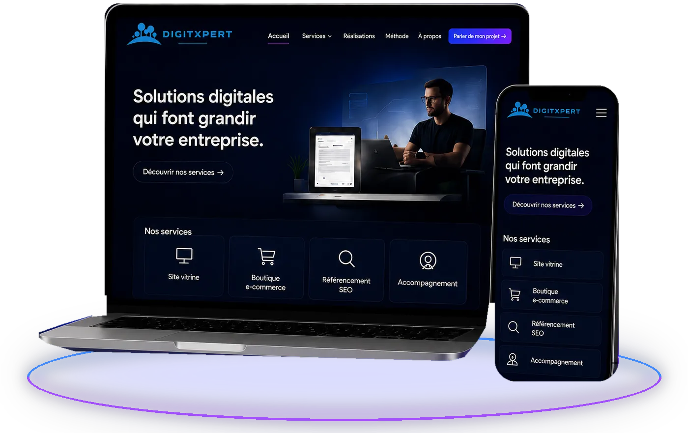 Présentation des solutions web et SEO Digitxpert sur ordinateur et mobile